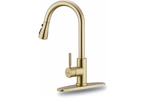 WEWE Brushed Gold Kitchen Faucet with Pull Down Sprayer, Single Handle Gold Kitchen Sink Faucet Stainless Steel Brass Copper Commercial RV 1 or 3 Hole, Champagne Bronze
