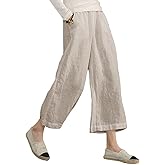 ECUPPER Womens Linen Cropped Pants Loose Casual Capri Cotton Wide Leg Plus Size Elastic Waist with Drawstring Trouses