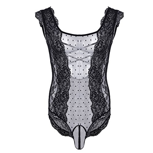 CHICTRY Men's Underwear One Piece Halter Lace Bodysuit Leotard Lingerie Pajamas (Medium, Polka Dots Black)