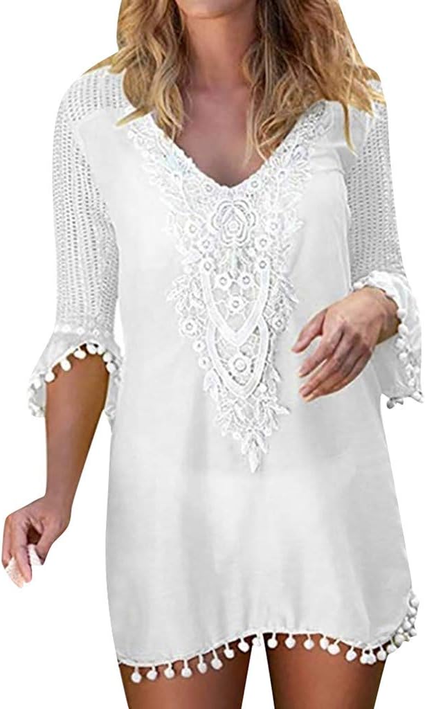 Pengy Woman Lace Trim Swimwear Sexy Tassel Crochet Swimwear Ladies Beach Blouse Cover Up White