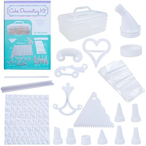 Hometastics Cake Decorating Kit In Storage Caddy Case | For Birthday Cupcake, Pastry &amp; Cookies Décor | Letter Stencils, Piping Nozzles, Icing Knife, Applicators, Icing Bags &amp; Embossers