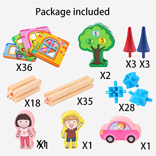 Wondertoys 128 Pieces Wooden Dollhouse Accessories with 2 People DIY Architecture Model Set Pretend Play Educational Toys for 3 Years Old Boys and Girls - Thumbnail 6