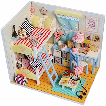 Novelty Dollhouse Mini Handmade Simulation Miniature Children Bedroom Real Look Hobby DIY Project Decoration Toy Kit Creative Idea Gift With Light, Bunk Bed Full Set Furniture NC1-74