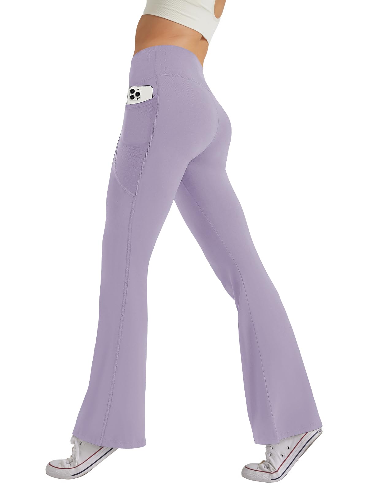Photo 1 of SEAJOJO Women's High Waist Flare Yoga Pants Tummy Control Casual Bootcut Leggings with Side Pockets Purple