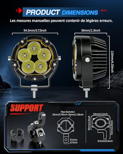 BraveWAY Additional Motorcycle Headlights 3.7 Inch 70W 16000LM DRL Amber Strobe Function Beam Combo Yellow/Black Covers U-Brackets and Tubular Cable Harness
