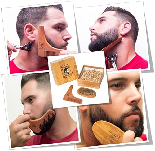 Beard Comb and Brush Set - Men's Wooden Beard Shaping Tool - Perfect Facial Hair Grooming Kit, Exclusive Moustache, Goatee & Neckline Shaving Accessory, Symmetry & Styling, Unique Brush Kit, Shaper