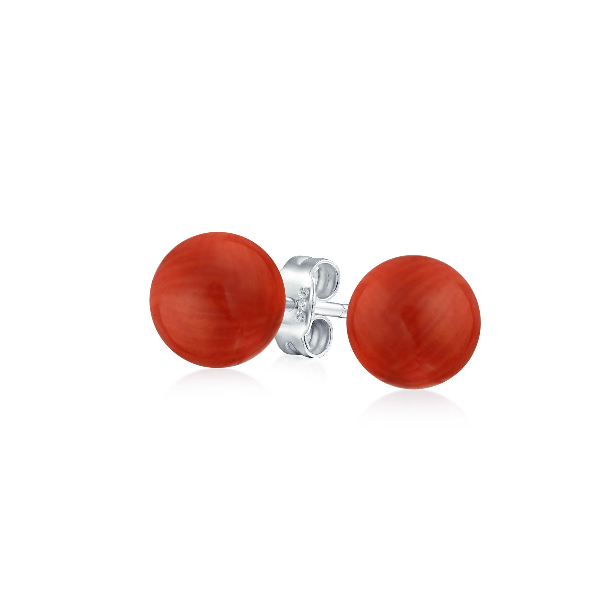 Simple Dyed Red Natural Coral Ball Round Stud Earrings For Women .925 Sterling Silver 6MM — image 1