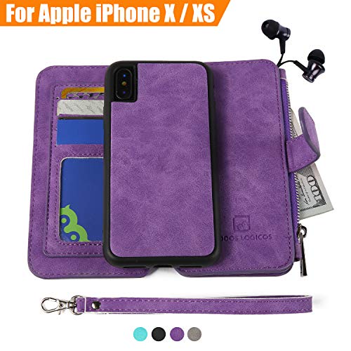 iPhone X/Xs Case, Modos Logicos [Detachable Wallet Folio][2 in 1][Zipper Cash Storage][Up to 14 Card Slots 1 Photo Window] PU Leather Purse Clutch with Removable Inner Magnetic TPU Case - Purple