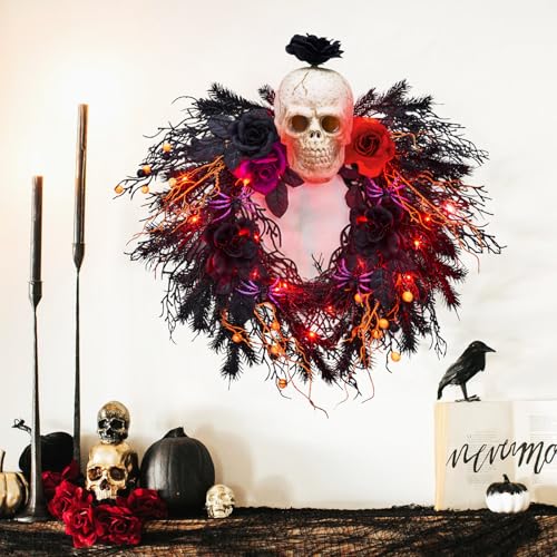 20" Halloween Artificial Front Door Wreath With Spider, Scary Skull, Rose, Red…