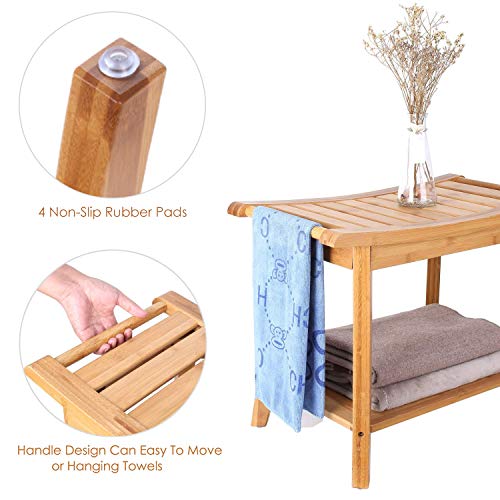 HOMECHO Bamboo Shower Bench Stool Seat with Shelves Waterproof Wooden