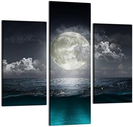 3 Panels Canvas Wall Art,Framed Art and Stretched Prints for Wall Decoration, Giclee Canvas Print,supermoon over sea-Large-Blue