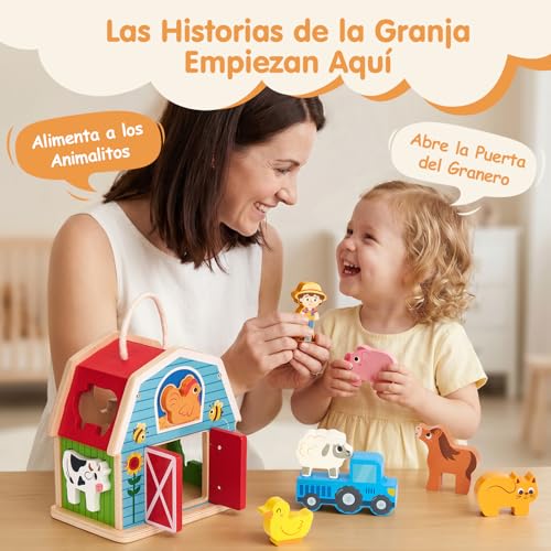 hahaland Montessori Toys 1 Year Old, 4 in 1 Farm Toy with 7 Animals & Barn, Wooden Stacking and Sorting Game, Gift for Kids Ages 1-3