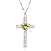 Calliora Birthstone Cross Necklace for Women, 925 Sterling Silver Heart Cross Pendant Necklace, Fine Cross Jewelry Birthday Anniversary Mother's Day Gifts for Her Mom Wife, 18"+2" Adjustable