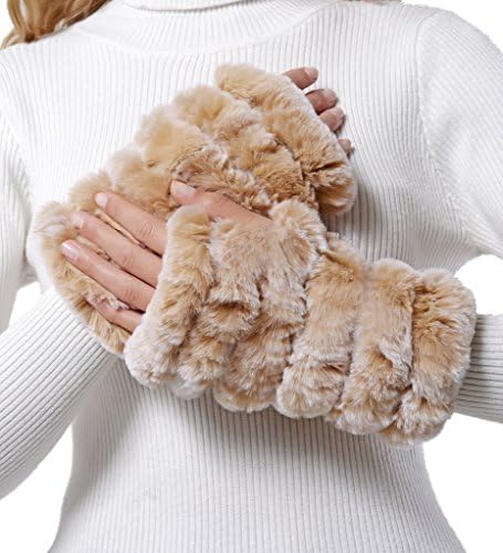 Women’s Rex Rabbit Fur Six Bands Fingerless Knit Gloves.