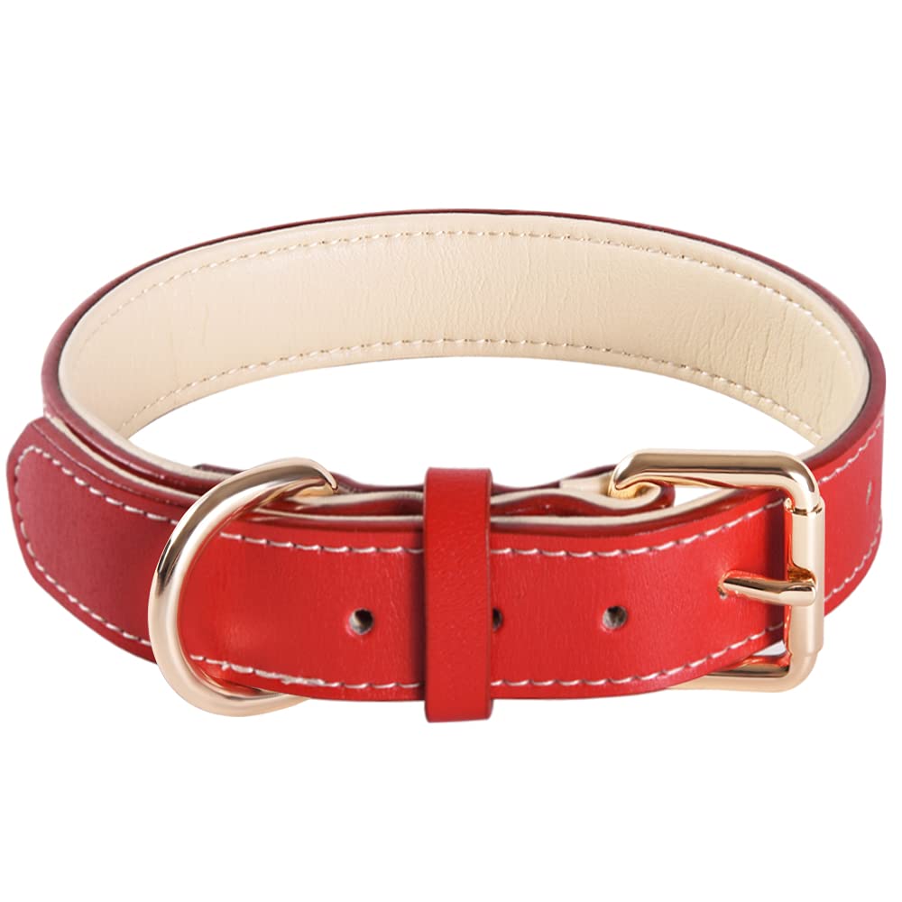 Adjustable Genuine Soft Leather Dog Collar of Padded Best for Small Medium Large Breed Dogs(L, Red)