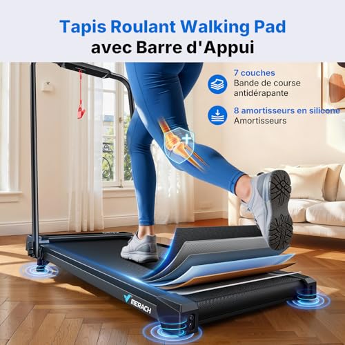 MERACH Tilting Treadmill, 5% Slope, Treadmill 2-6 km/h, 3.0HP Silent Walking Pad, Office Treadmill Large Surface 40 cm, LED Display, Max Load 136 kg, for Home, Office, Black