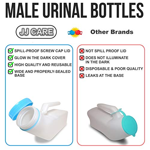 JJ CARE Urinals for Men 1000ml (4 Pack) Plastic Urine Bottles for Men with Glow in The Dark