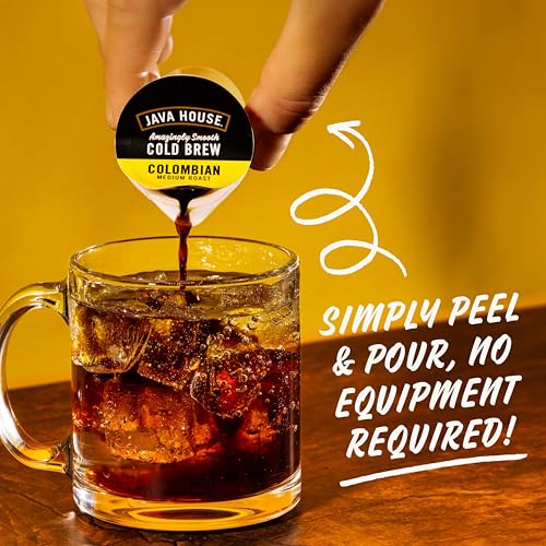 JAVA HOUSE COLD BREW COFFEE CONCENTRATE SINGLE SERVE LIQUID PODS, PEEL AND POUR, READY HOT OR ICED, TSA APPROVED