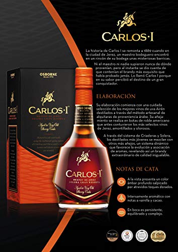 Carlos I 40% vol. – Hochwertiger Brandy Solera Gran Reserva mit Geschenkpackung aus dem Hause Osborne (1 x 0,7l) – Bild 5