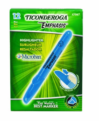 Ticonderoga Emphasis Fluorescent Highlighters, Desk Style, Chisel Tip, Blue, One Dozen (47067)