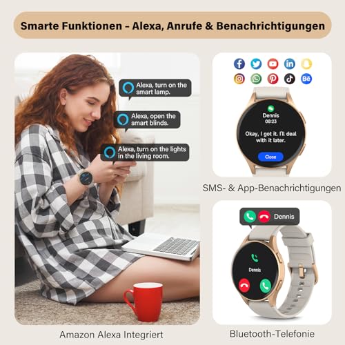 QIPOPC Smartwatch Damen Gold mit Telefonfunktion, 1.32" AMOLED Display Elegant, Fitness Uhr mit Alexa & GPS, SpO2/Puls/Zyklustracking, 5ATM Wasserdicht, Schrittzähler Uhr für Android iOS