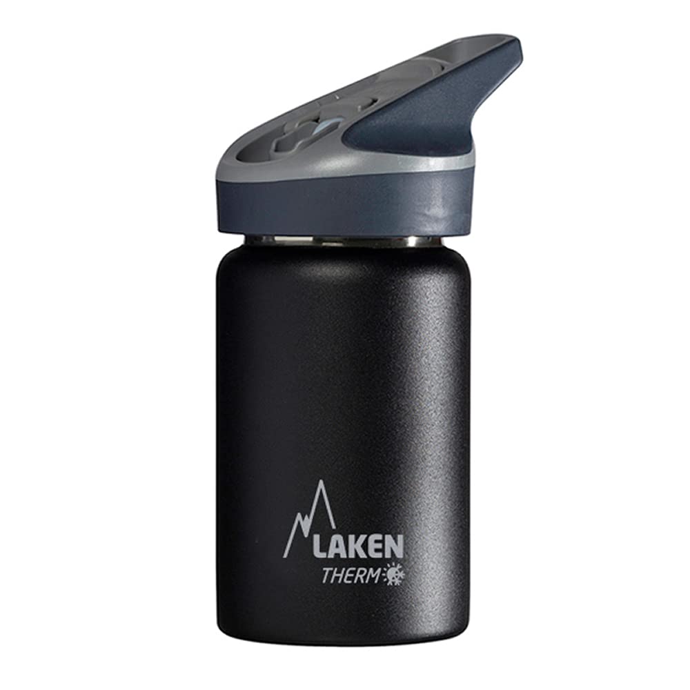 Laken Thermo Kids Vacuum Insulated Stainless Steel Leak Sports Water Bottle with Jannu Straw Cap, 12 Oz, Black