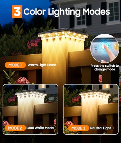ENSLI 12 Pack 4x4 Solar Post Cap Lights Outdoor, 3 Modes 16 LED Fence Post Solar Lights, Focused Lens Deck Fence Post Lights Solar Powered Waterproof Fits 4x4 3.5x3.5 Vinyl Wooden Posts for Deck Porch