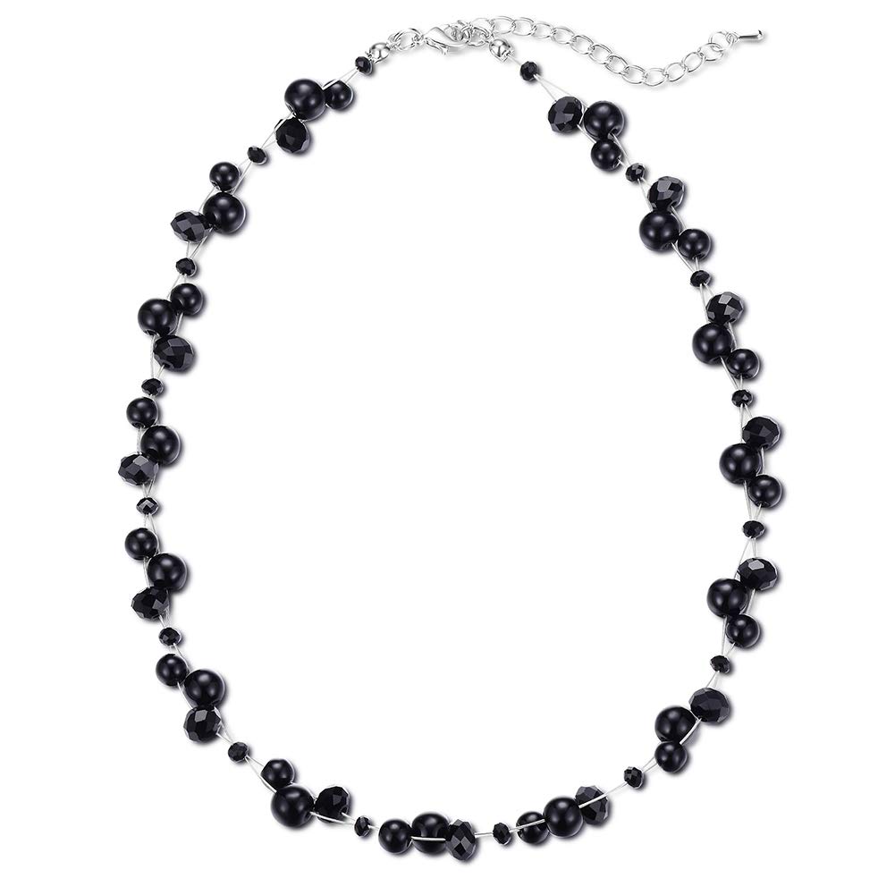 BULINLIN Short Beaded Pearl Necklace for Women, Silver Handmade Statement Necklace with Crystal Beads Fashion Jewellery Birthday Gifts for Her(Black)