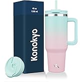 Konokyo 40 oz Tumbler with Handle and 2 Straws,2 in 1 Lid Insulated Water Bottle Stainless Steel Travel Coffee Mug,Gum