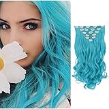 Creamily 8 Pcs Full Head Party Highlights Clip on in Hair Extensions Multi-Colors Synthetic Hairpieces (20-Inch Curly,Baby Blue)