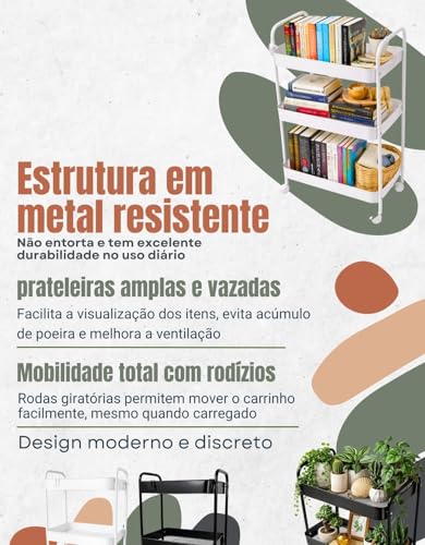 Carrinho Multiuso Organizador 3 Prateleiras em Metal com Rodinhas para Cozinha, Banheiro, Lavanderia e Escritório (Preto)