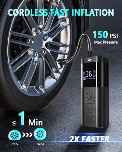 SERVOMASTER Portable Air Compressor, Mini Compressor with Pressure Gauge, 150PSI Portable Electric Inflator with LED Light, Car Accessories for Men, Suitable for Car Motorcycle Bike Ball