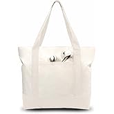 TOPDesign 1-Pack Canvas Tote Bag with an External Pocket, Reusable Grocery Shopping Bag, Top Zipper Closure, Daily Essentials (Natural)