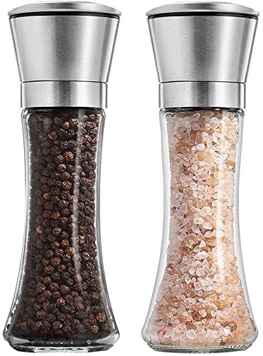 2PCS Salt and Pepper Grinder - Premium Stainless Steel Mill with Adjustable Coarseness - Glass Body with Ceramic Grinder