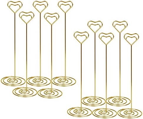 Conelelife Pack of 10 8.6 Inch Tall Heart Shape Wire Memo Clip Holder Stand for Displaying Photos Number Cards for Home Office Wedding Use (Golden)