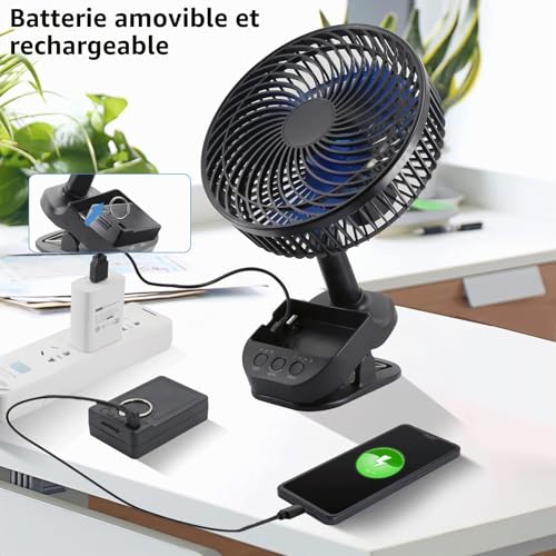ATEngeus USB Clip Fan, 10000 mAh Rechargeable Battery Fan, 5 Speeds Camping Fan, Multi-Angle Rotation, Timer with Clip and Hook for Baby Stroller, Office