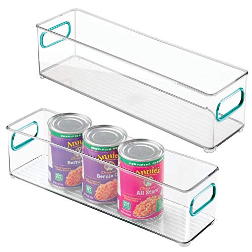mDesign Plastic Stackable Food Storage Container Bin with Handles for Kitchen, Pantry, Cabinet, Fridge, Freezer - Long Narrow Organizer for Snacks, Produce, Vegetables, Pasta - 2 Pack - Clear/Blue
