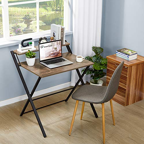 GreenForest Folding Computer Desk No Assembly Required 2 Tier Computer