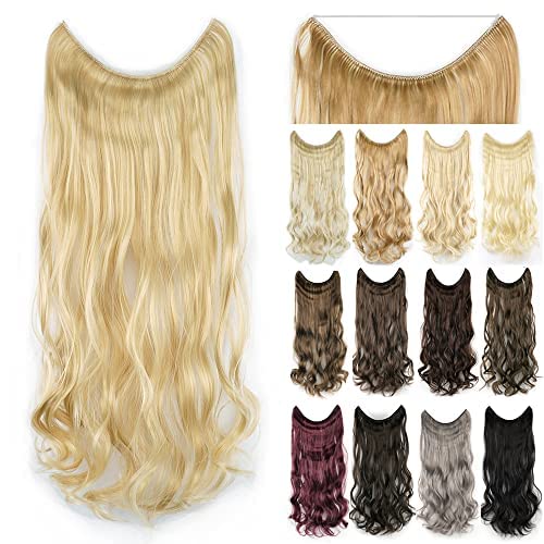 IMISSU 22'' 26'' Long Body Wavy Halo Hair Extensions Fish Line Hairpiece Synthetic Invisible Secret Wire Headwear Flip Curly Hair Extension Pieces (26 Inch,Honey Blonde)