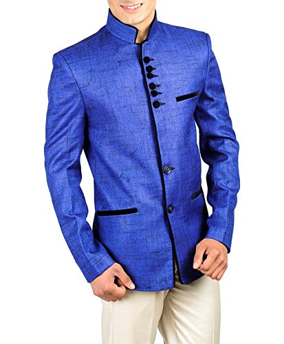 wintage men's rayon cotton bandhgala wedding blue nehru mandarin blazer
