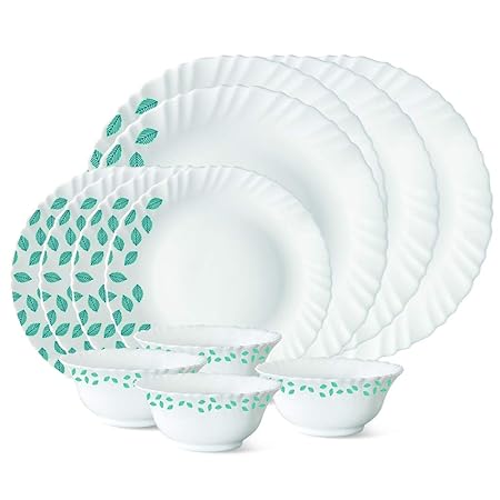 Larah by Borosil Blue Leaves Opalware Dinner Set, 12-Pieces, White