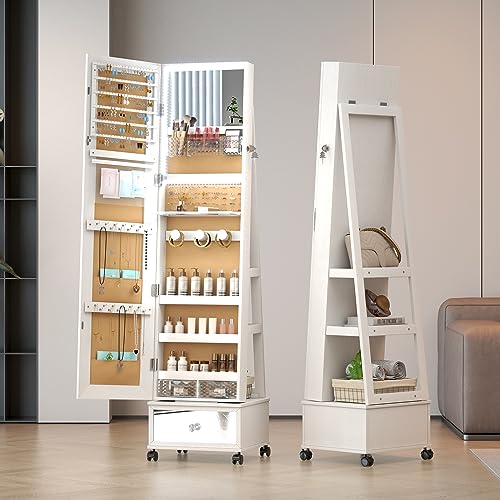 Vlsrka Mirror Jewelry Cabinet Standing, 360° Swivel Jewelry Armoire with  Full Length Mirror, Lockable Mirror w