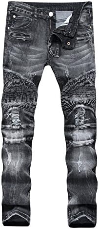 Men's Moto Biker Vintage Distressed Ripped Slim Fit Skinny Stretch Denim Jeans