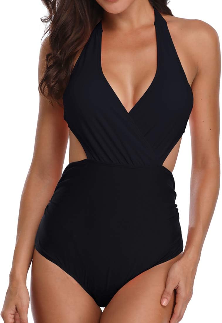 Women's One Piece Swimsuit Deep V-Neck Halter Monokini High Waist Plus Size