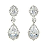 EVER FAITH® Silver-Tone Full Cubic Zirconia Flower Tear Drop Pierced Dangle Earrings