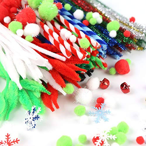 BigOtters Christmas Pipe Cleaners Set, 550PCS Craft Supply Including 200PCS Xmas Pipe Cleaners 200PCS 2-Style Pom Poms 100PCS Self Adhesive Wiggle Eyes and 50PCS Bells Snowflakes for DIY Art Project