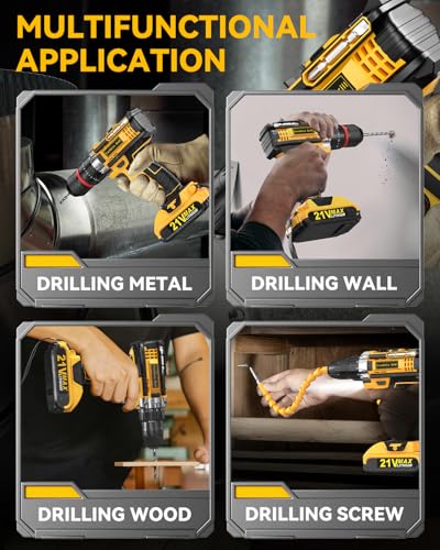 Cordless Hammer Drill Set, 21V Impact Drill Driver and Screwdriver Set with 2 Batteries, 25+3, 10mm Heave Duty DrillChuck, 2 Speed Power Combi Battery Drill Set with 87 Accessories for Home DIY Gift