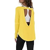 Tankaneo Womens Open Back Workout Shirts Casual Long Sleeve Boat Neck Tops Athletic Gym Yoga Tees with Thumb Holes