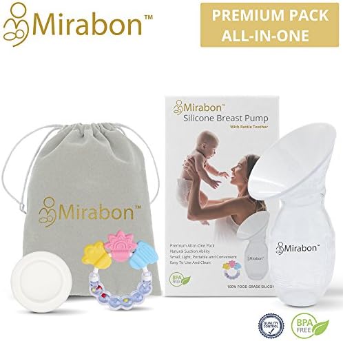 Mirabon Silicone Breastfeeding Manual Breast Pump Milk Saver Suction | Bonus Rattle Teether, Cover Lid, Pouch in Premium Gift Box. BPA Free & 100% Food Grade Silicone