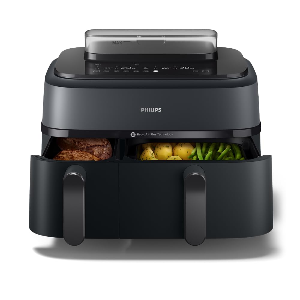 Philips Steam Airfryer 5000 Series Dual Basket Heißluftfritteuse mit Dampfgar-Funktion & 2 Körben – Steam, Airfry, SteamFry, 9L (3L+6L), RapidAir Plus, automatische Dampfreinigung (NA550/00)